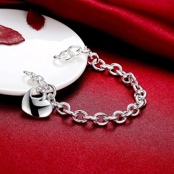 Homage Style Heart Pendant Bracelet 7.50" - Stamped Solid .925 Sterling Silver - Picture 3 of 5